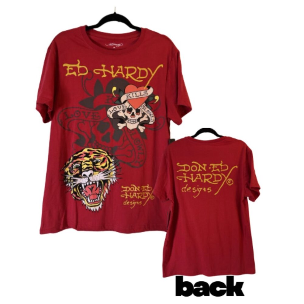Ed Hardy‎ Tattoo Y2K Tiger Skull Love Kills Slowly Red T-Shirt M NEW
